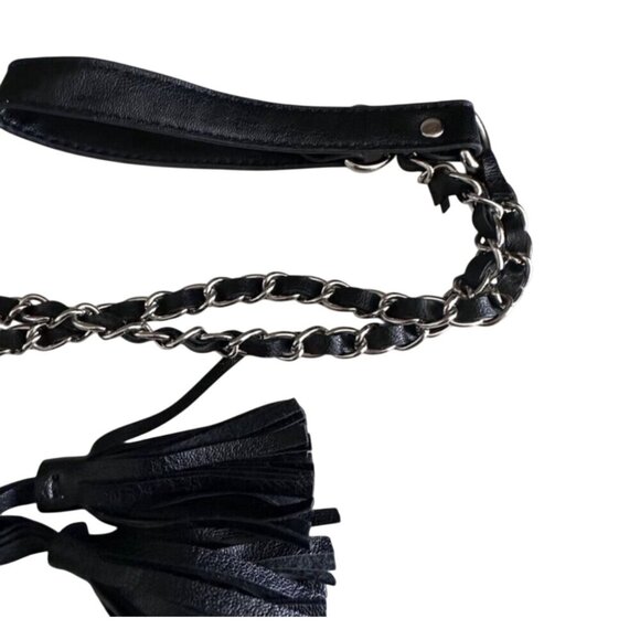 Black Leather Crossbody Tassel Bag W/ Woven Chain Strap - Picture 9 of 12